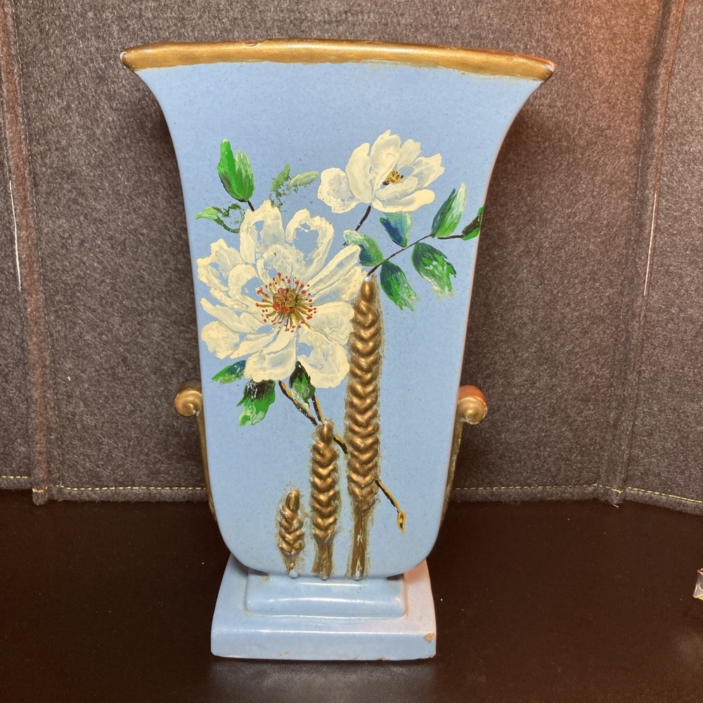 Vintage 1950 Hand Painted Blue Pottery Vase Floral Wheat Motif Mid Century Decor
